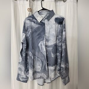 ​Abstract Grey Cloud Print Button Down Shirt - Artsy Long Sleeve Relaxed Blouse